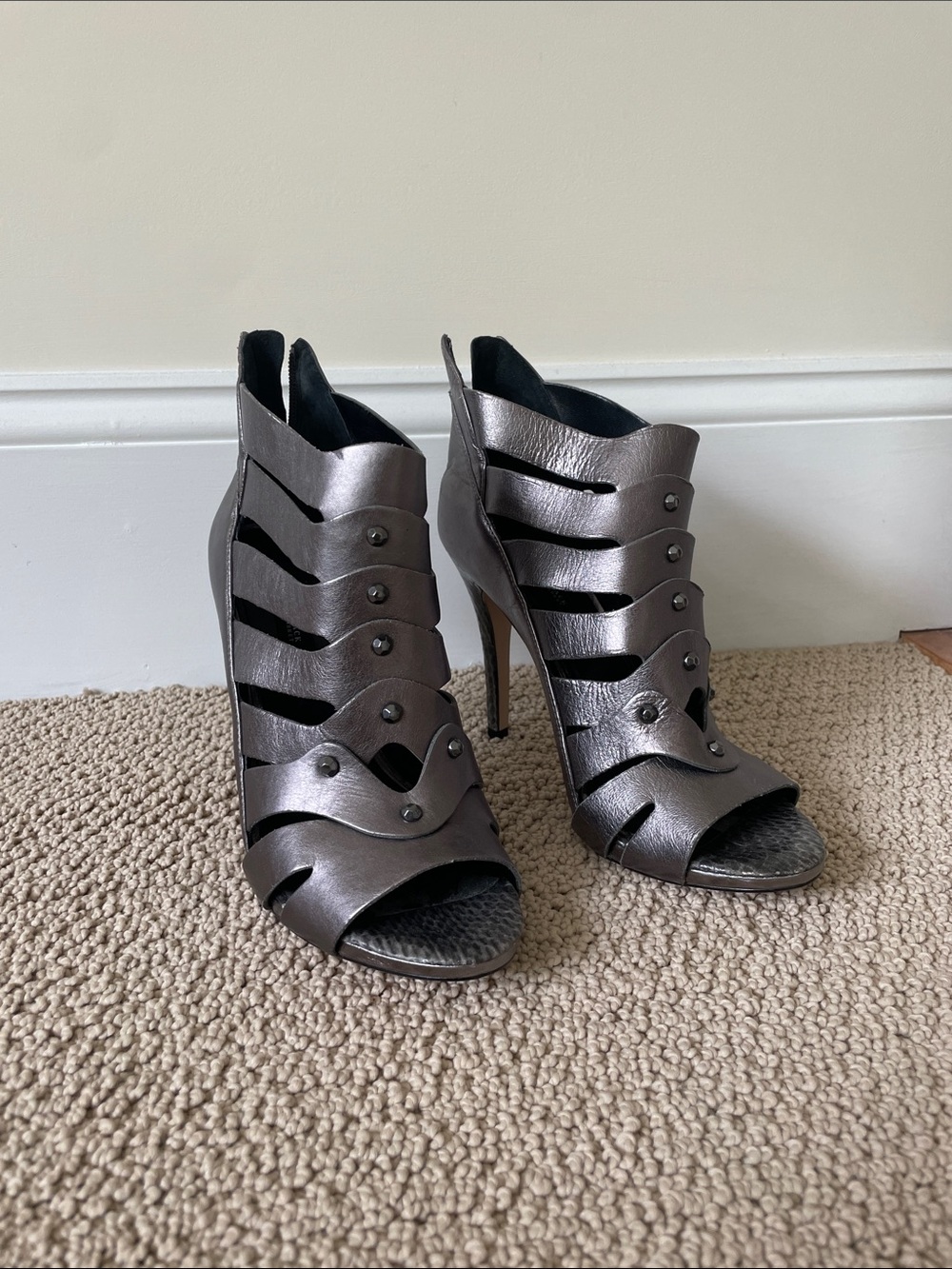 Women's Metallic Gray Strappy Peep-Toe High Heels